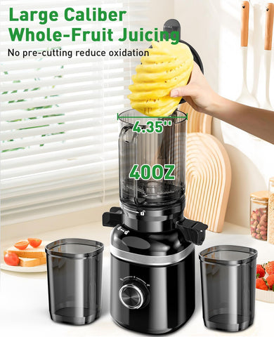 GlowWise boca alimentación amplia: facilita exprimir frutas y vegetales enteros sin preparaciones.