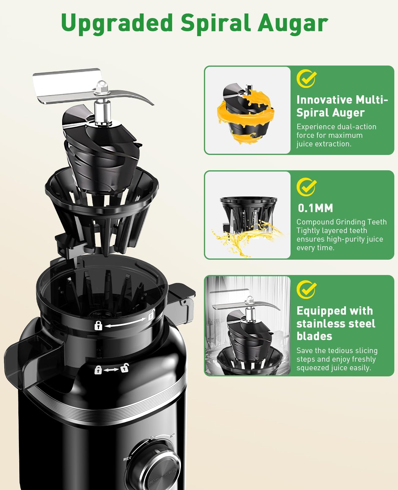 GlowWise filtración triple capa: reduce espuma y residuos para un jugo más puro.