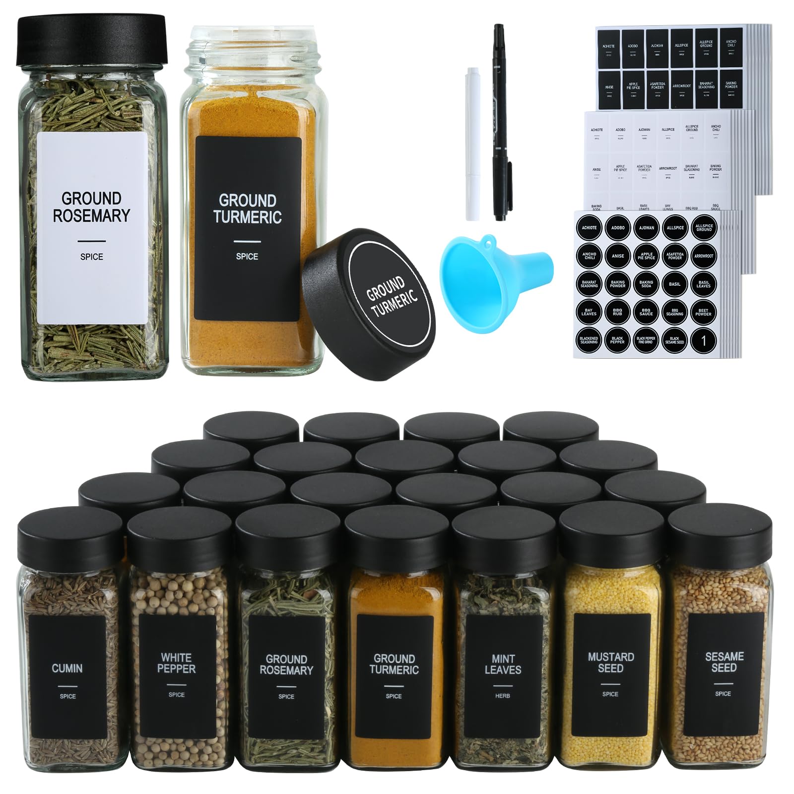 GMAMXD botes de vidrio para especias cuadradas de 4 oz con tapas herméticas.