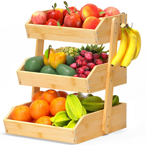 Cesta GMTSL de bambú con 3 niveles para frutas y verduras en la encimera.