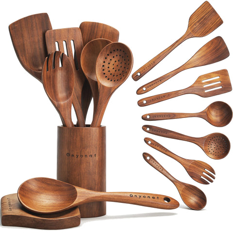 Juego de utensilios de teca Gnyonat de 9 piezas para cocina diaria sin rayar sartenes