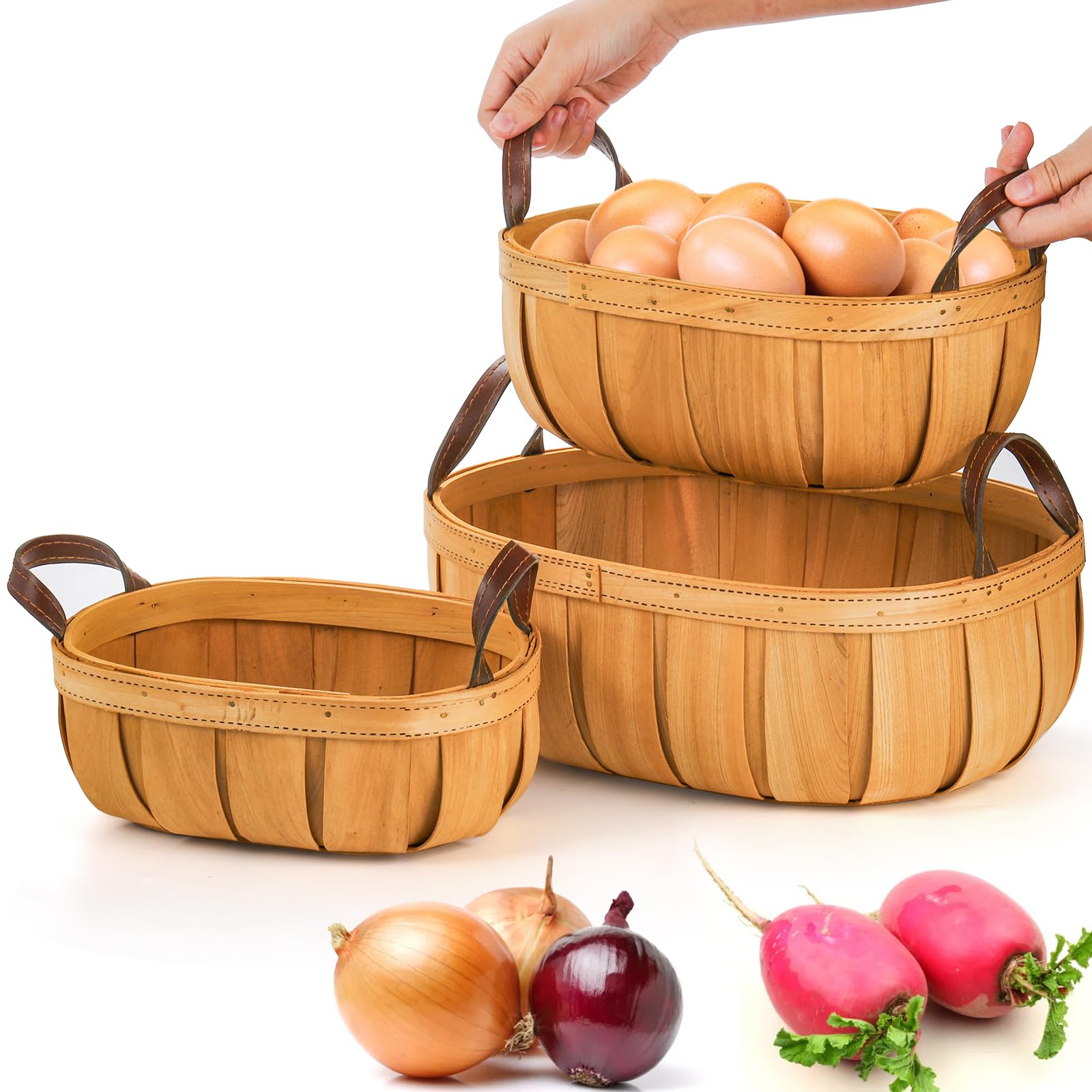 Goaste cesta para verduras y frutas, organizada en mesa o mostrador.
