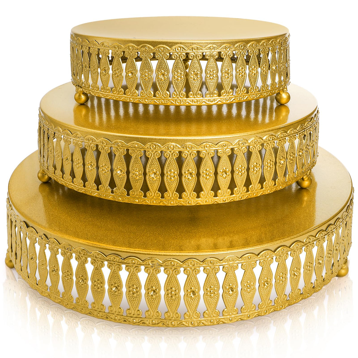 Goaste conjunto-bandejas-torta-oro-8-10-12, exhibición versátil para postres.