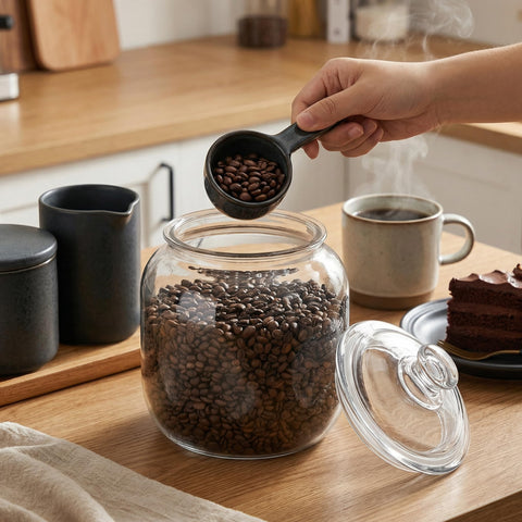 Goaste jar en la mesa de cocina: decoración funcional para la despensa.