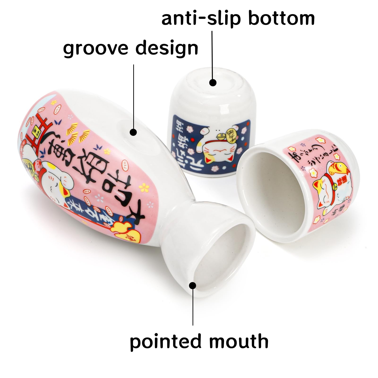 Cuatro tazas de sake cerámicas Goaste con patrón Maneki Neko.
