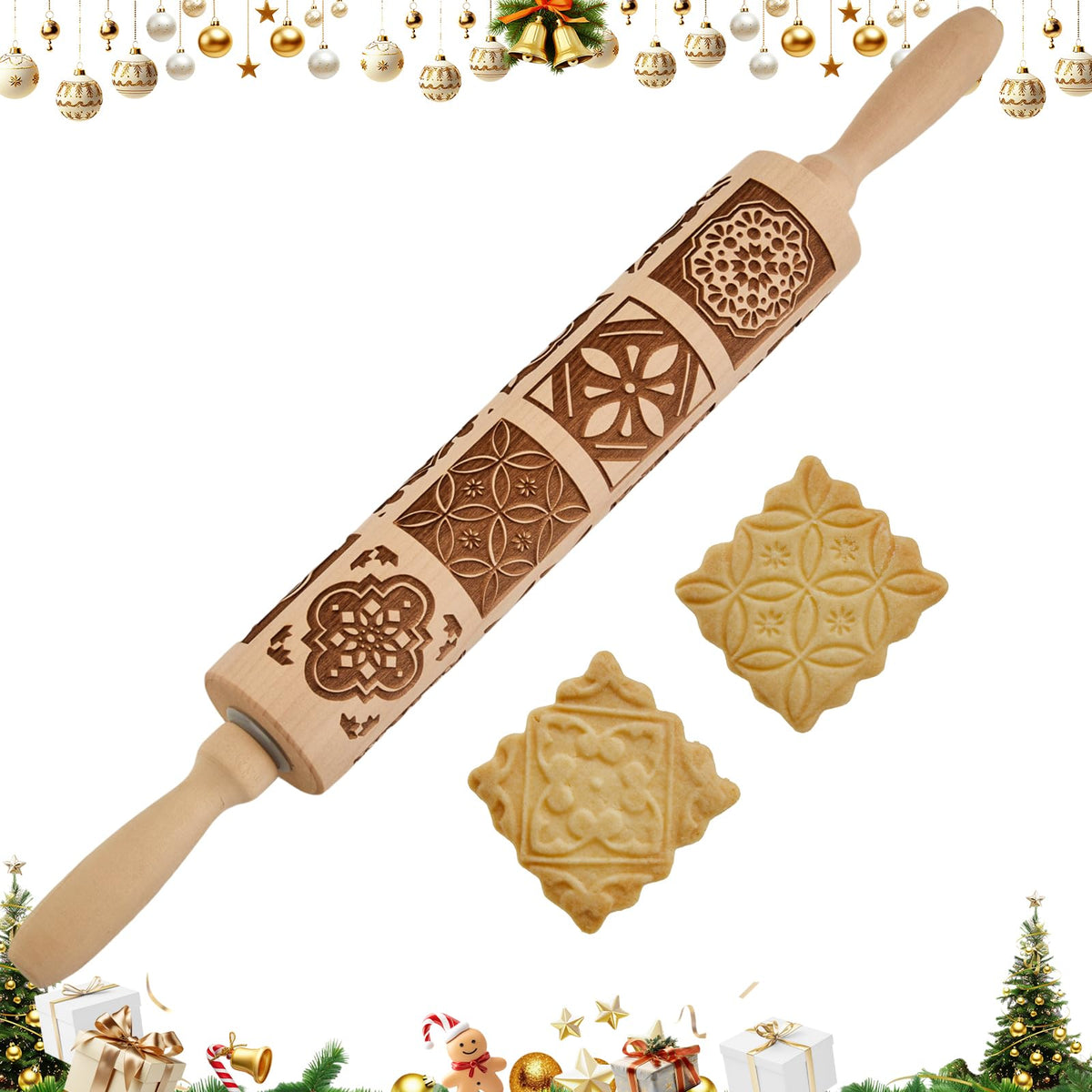GOBAM Rodillo con relieve muestra patrones navideños para galletas deliciosas.