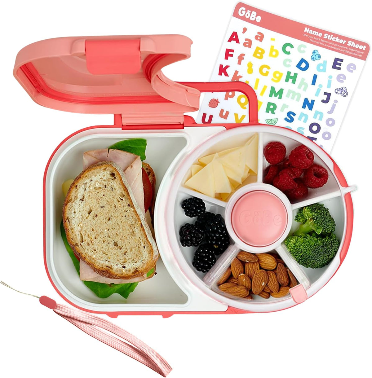 GoBe lonchera para niños con snack spinner; organiza meriendas con cinco compartimentos prácticos