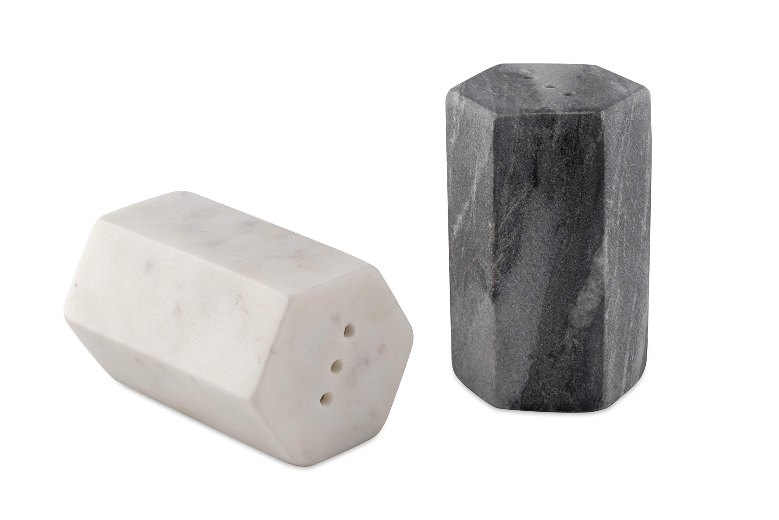 GoCraft salero-pimentero de mármol blanco y negro, diseño hexagonal para mesa elegante y condimentos consistentes.