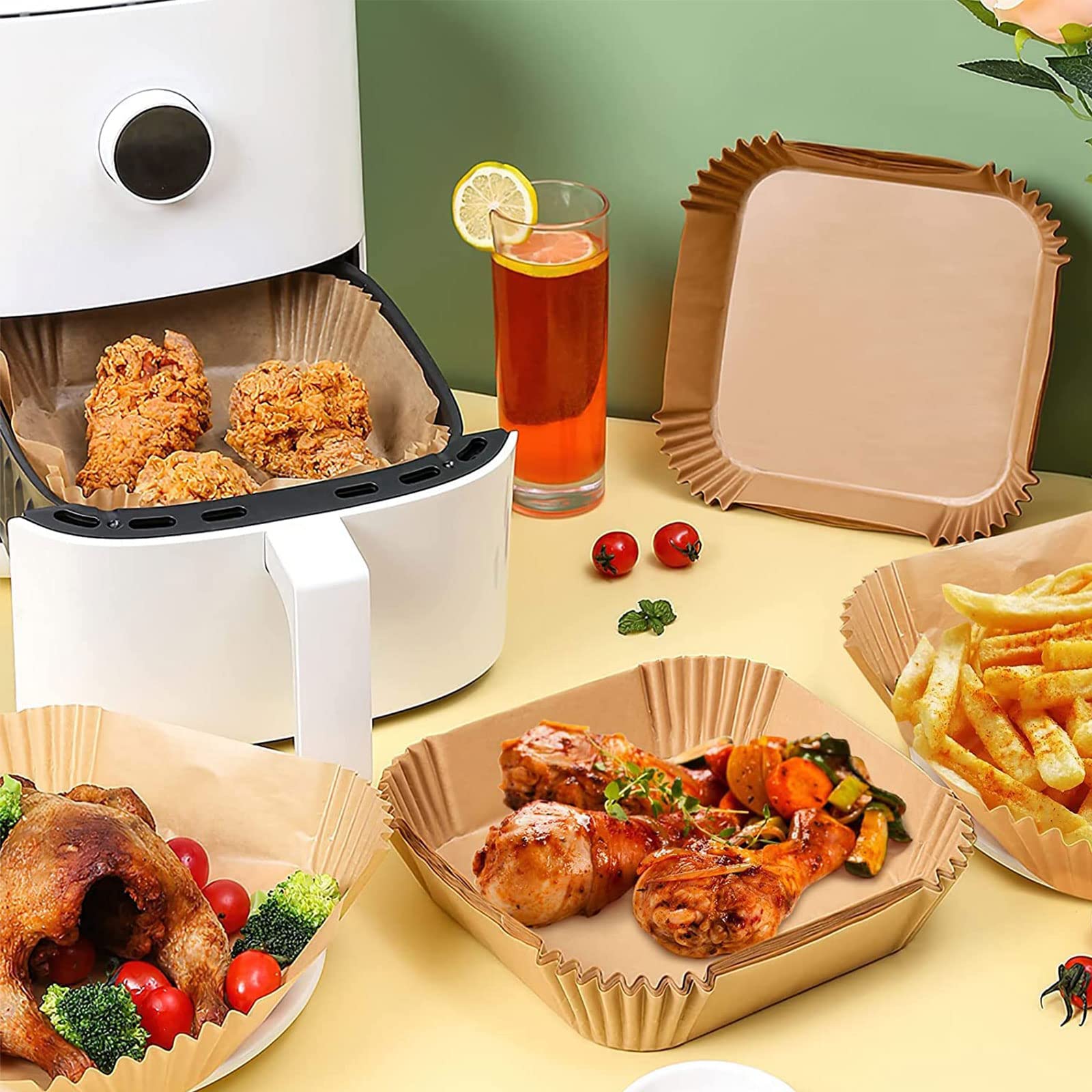 GOFFUGT papel-desechable-para-airfryer-6-3-pulgadas facilita servir y recoger residuos.