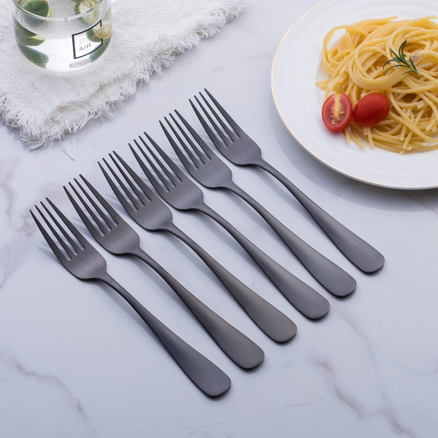 GoGeiLi tenedor cena negro mate, vista lateral, acabado satinado elegante para mesa.