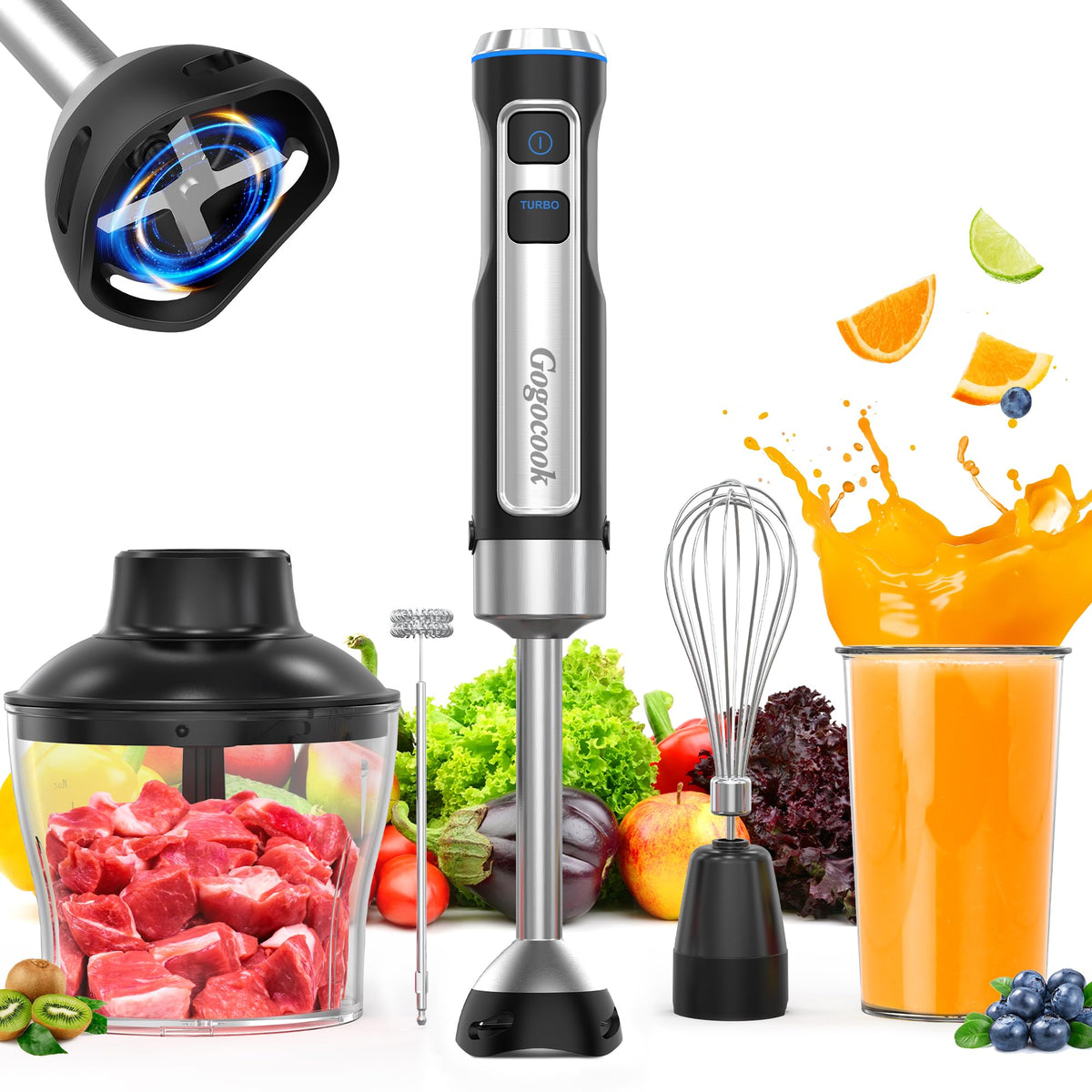 Batidora Gogocook 5 en 1, potencia 1000W para resultados rápidos y consistentes.