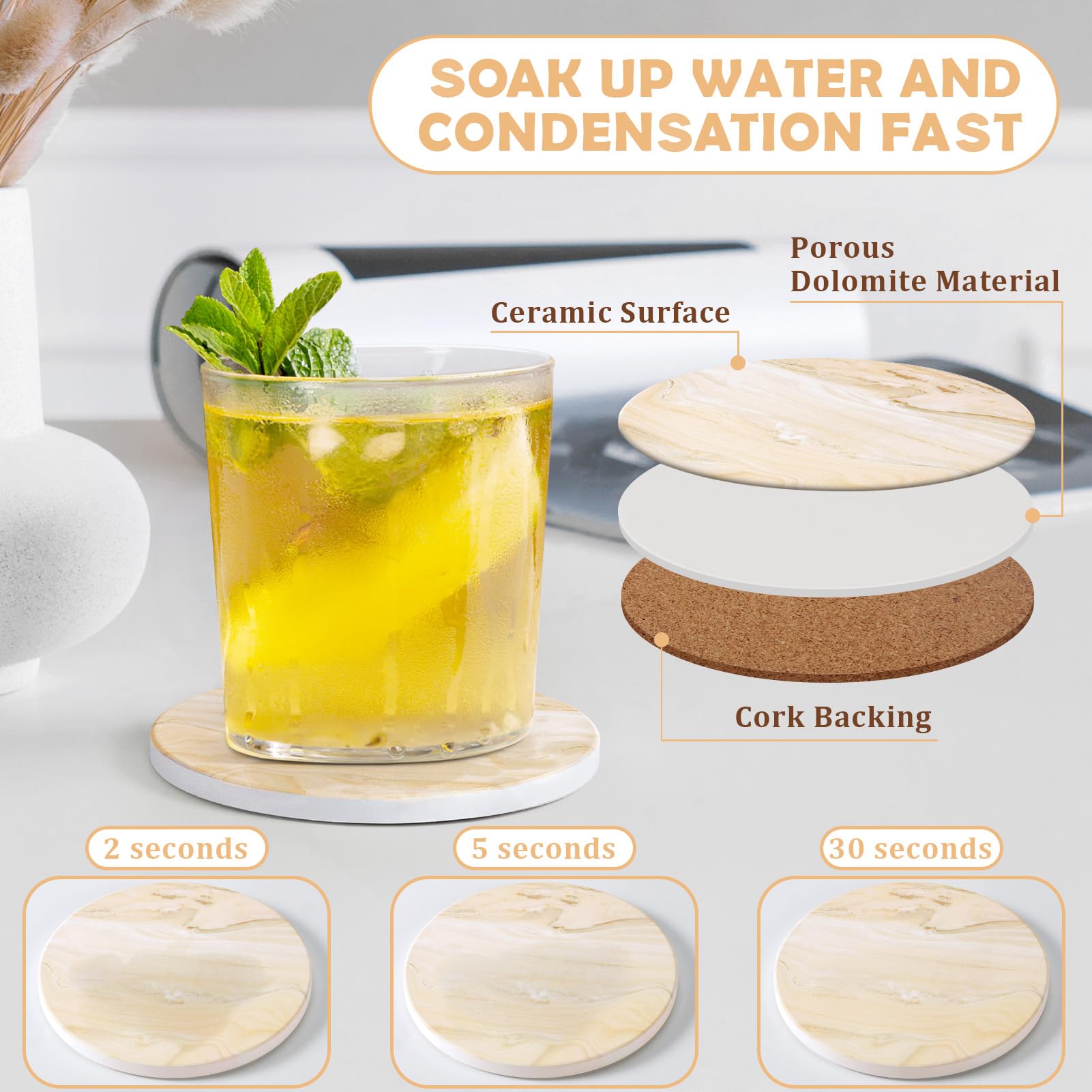 GOH DODD posavasos cerámica absorbente estilo mármol beige fácil de limpiar