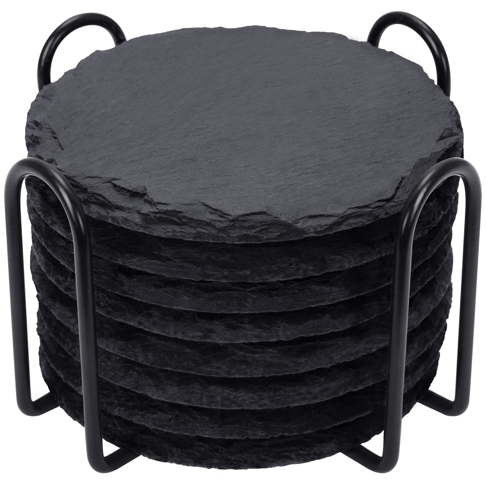 GOH DODD posavasos de piedra negra redondos con porta vasos metálico, protegen superficies.