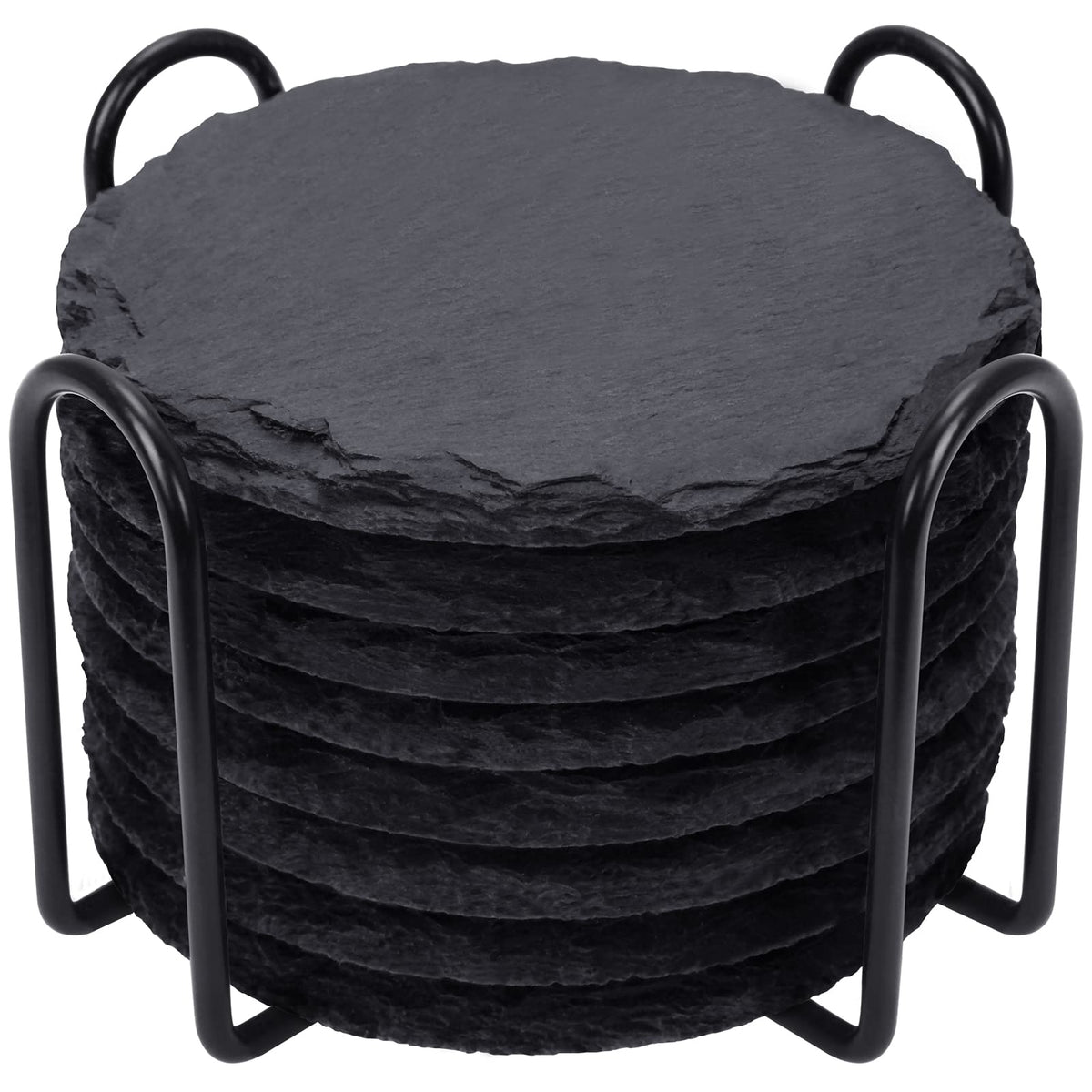GOH DODD posavasos de piedra negra redondos con porta vasos metálico, protegen superficies.