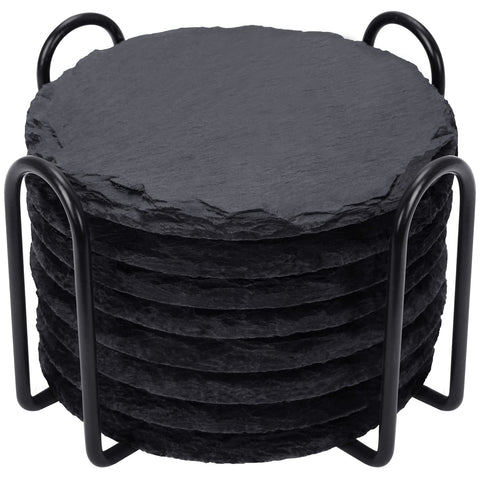 GOH DODD posavasos de piedra negra redondos con porta vasos metálico, protegen superficies.