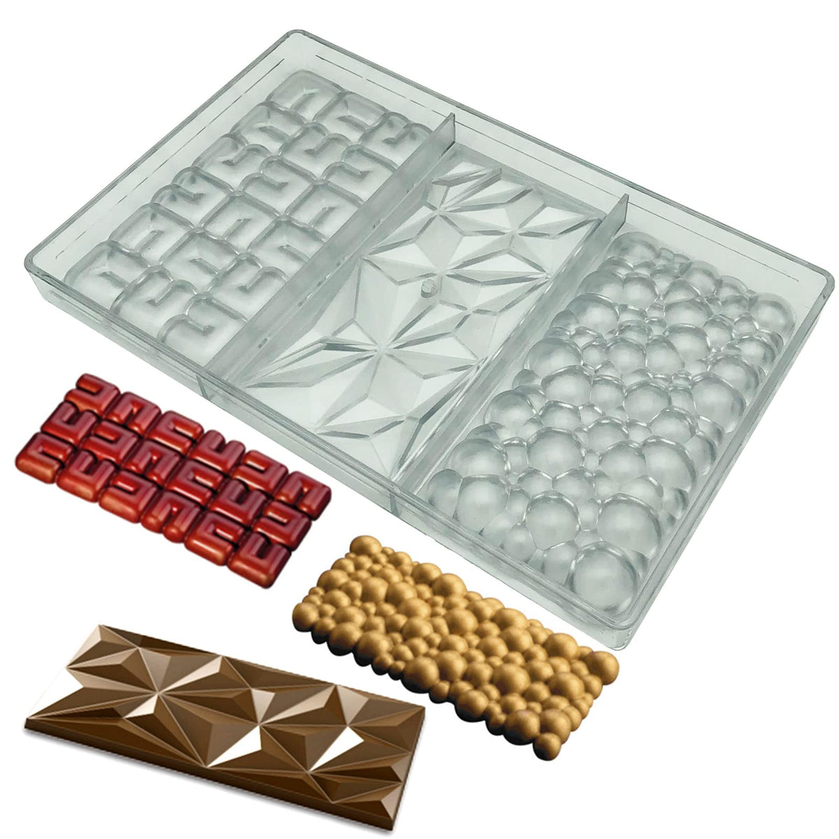 Goldbaking molde chocolate barras 3 formas, acabado profesional para chocolate brillante.