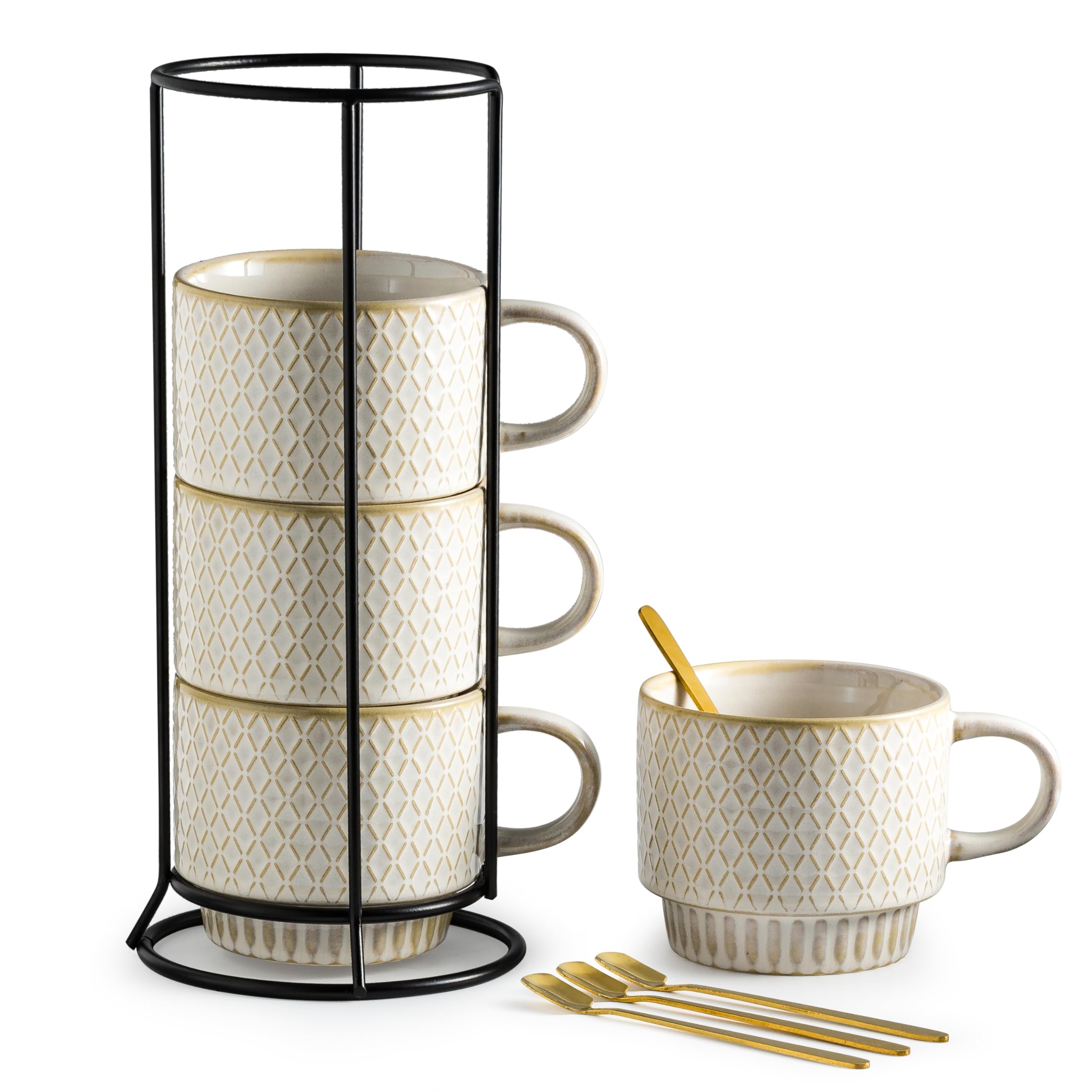 Taza Gomakren con patrón embosado para disfrutar café con estilo en casa.