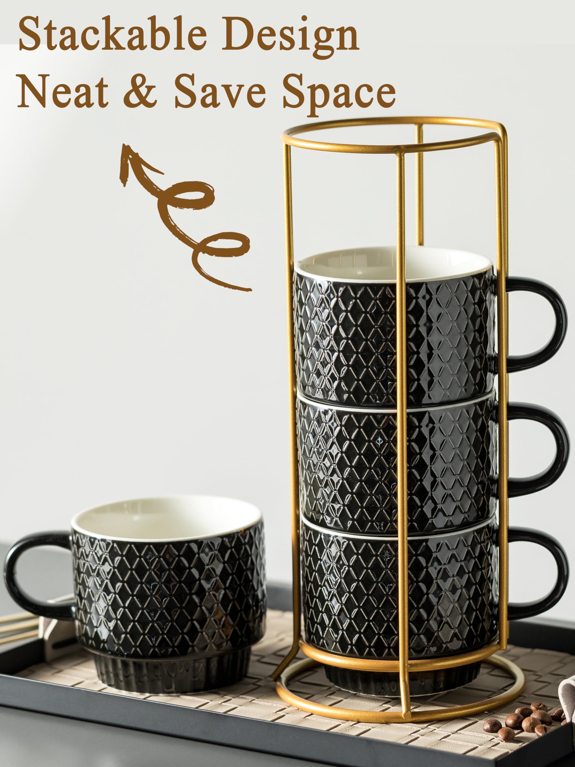 Gomakren tazas de café cerámica 13oz apilables con soporte para ahorro de espacio