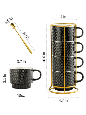 Gomakren tazas de café cerámica 13oz vista frontal, conjunto completo con soporte