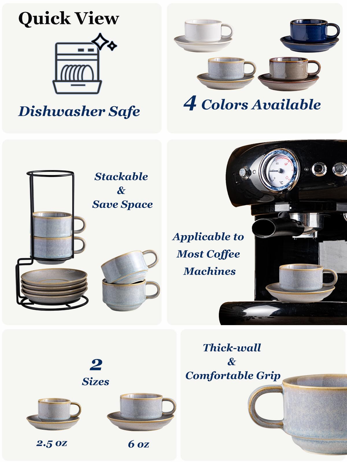 Tazas cappuccino Gomakren de 6oz apilables con platos