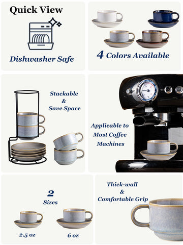 Tazas cappuccino Gomakren de 6oz apilables con platos