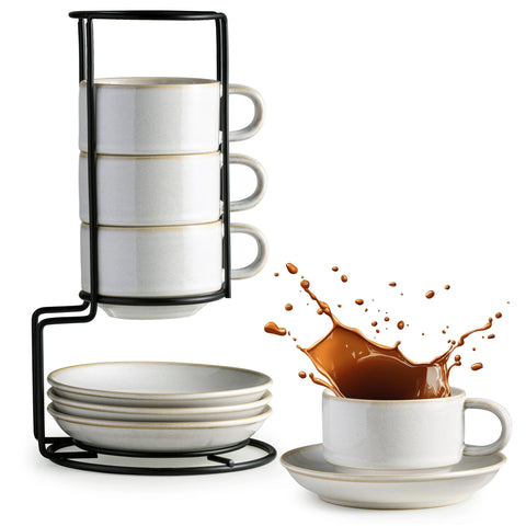 Gomakren tazas cappuccino 6oz con saucer y soporte metálico, ideal para servicio elegante.