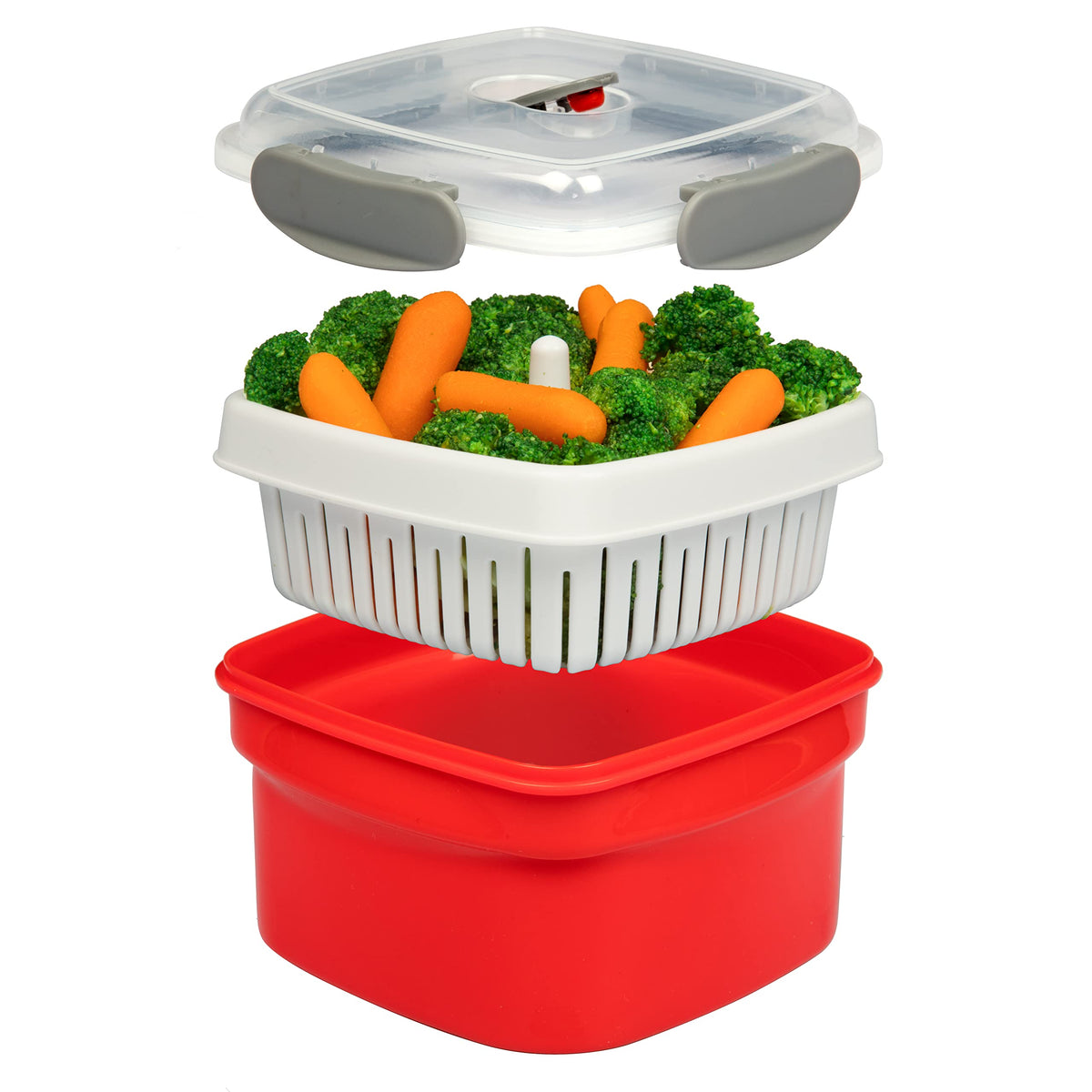 Vaporera Good Cooking para verduras en microondas, tres piezas y almacenamiento práctico.
