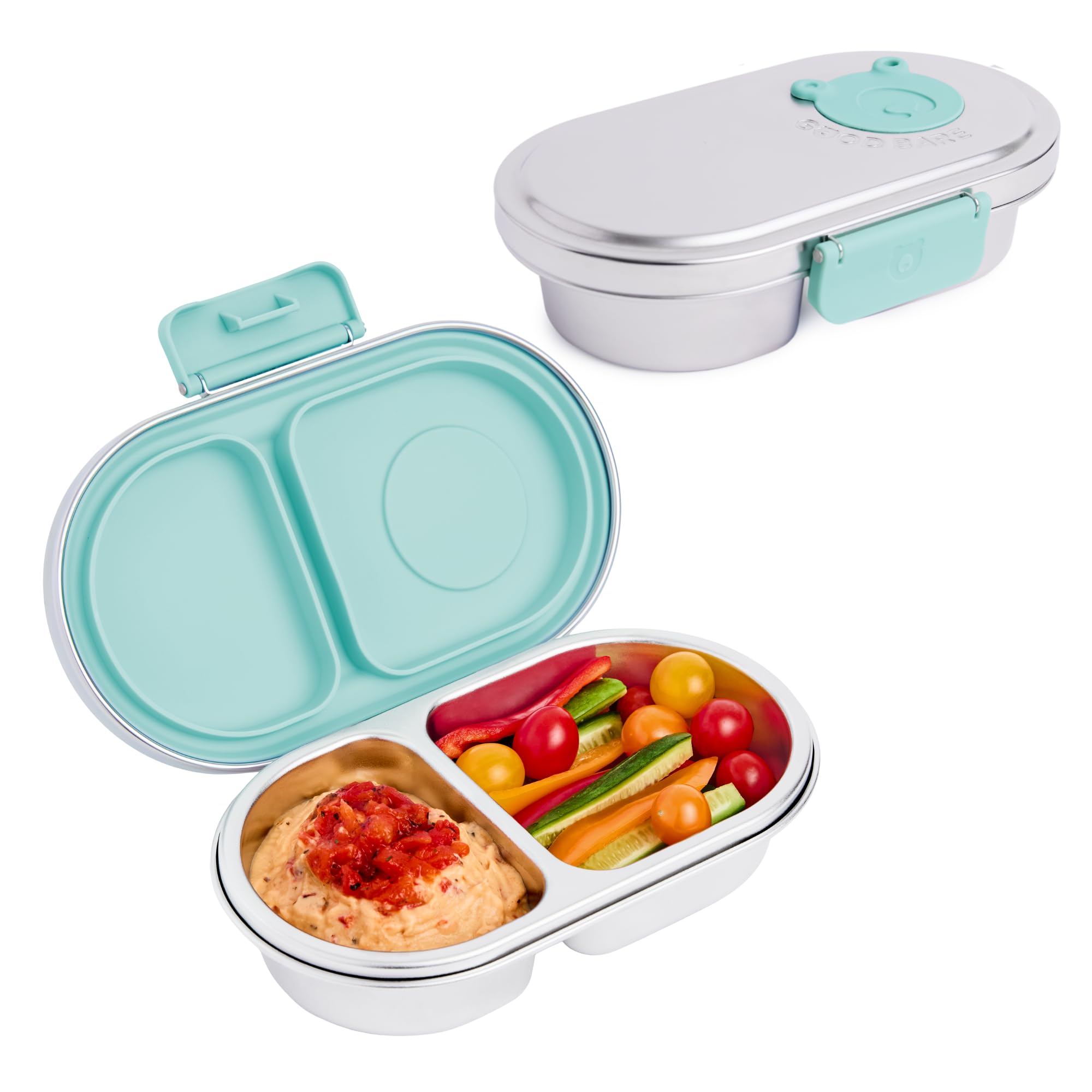 Good Bare bento de dos compartimentos en verde menta para mantener snacks separados.