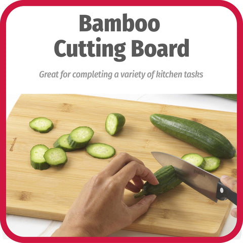 Tabla GoodCook de bambú 10x14, diseño natural y bordes redondeados para seguridad.