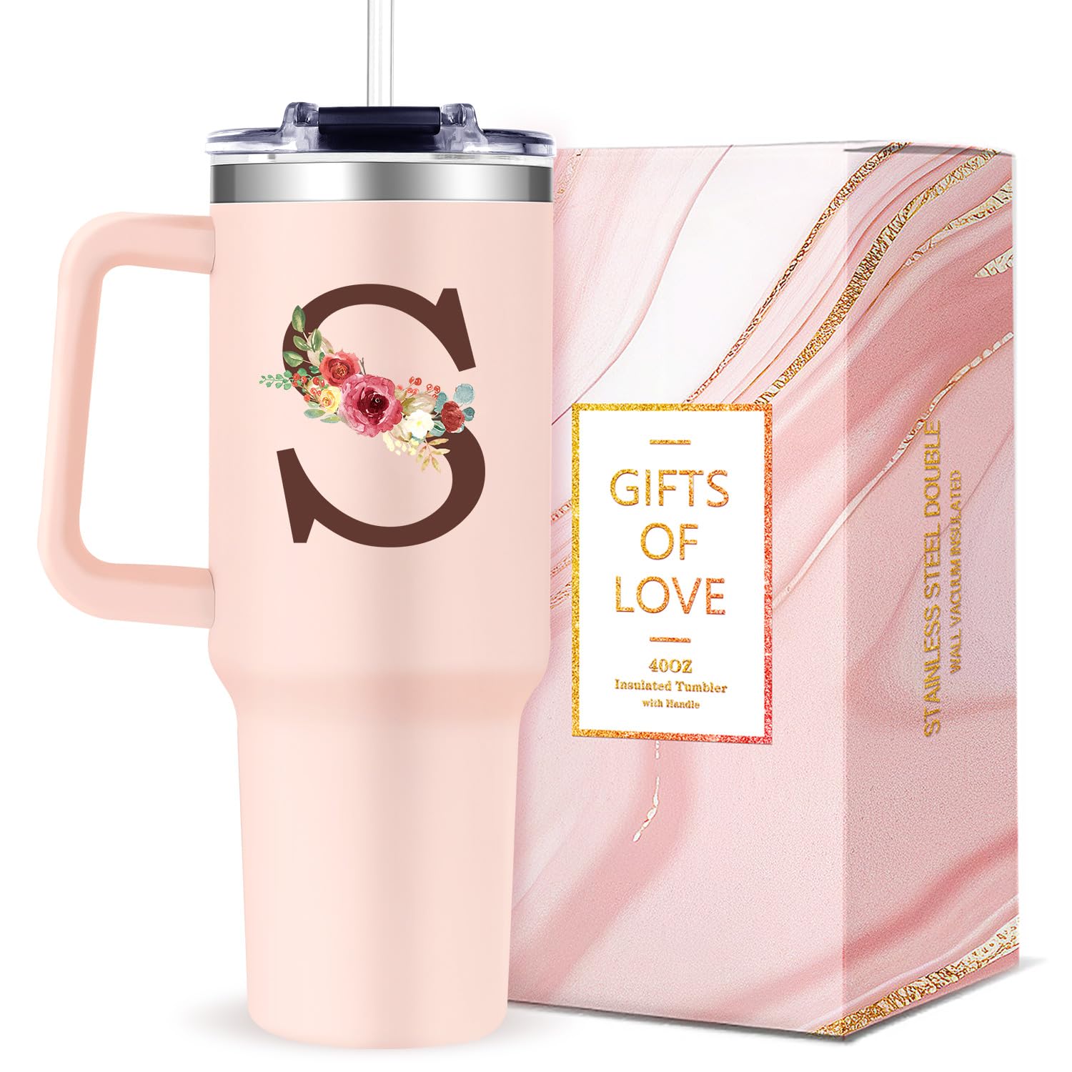 Gooddooes vaso térmico con asa monograma, regalo personalizado para mujer, ideal para bebidas a temperatura deseada