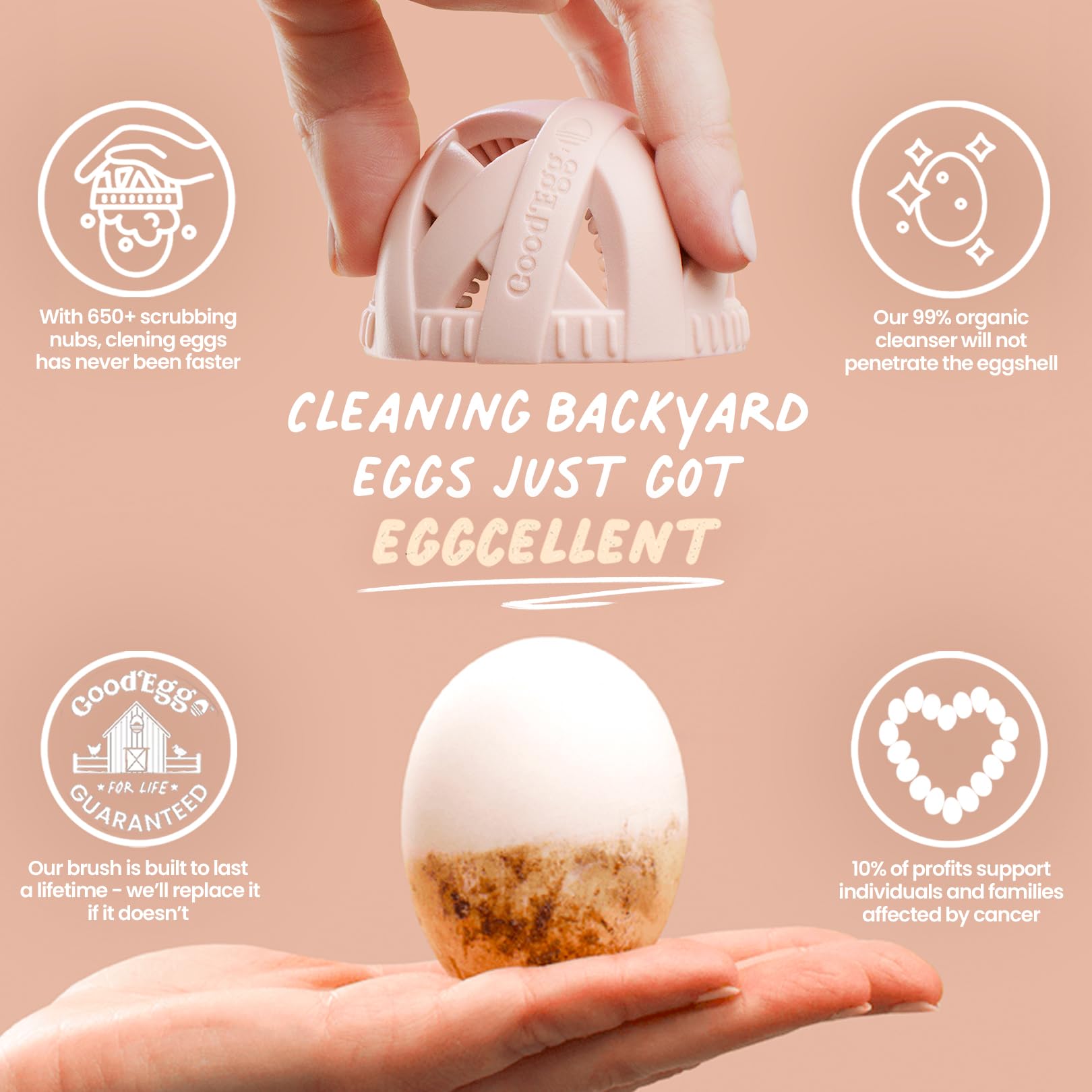 GoodEgg cepillo para huevos, primer plano del mango, diseño duradero.