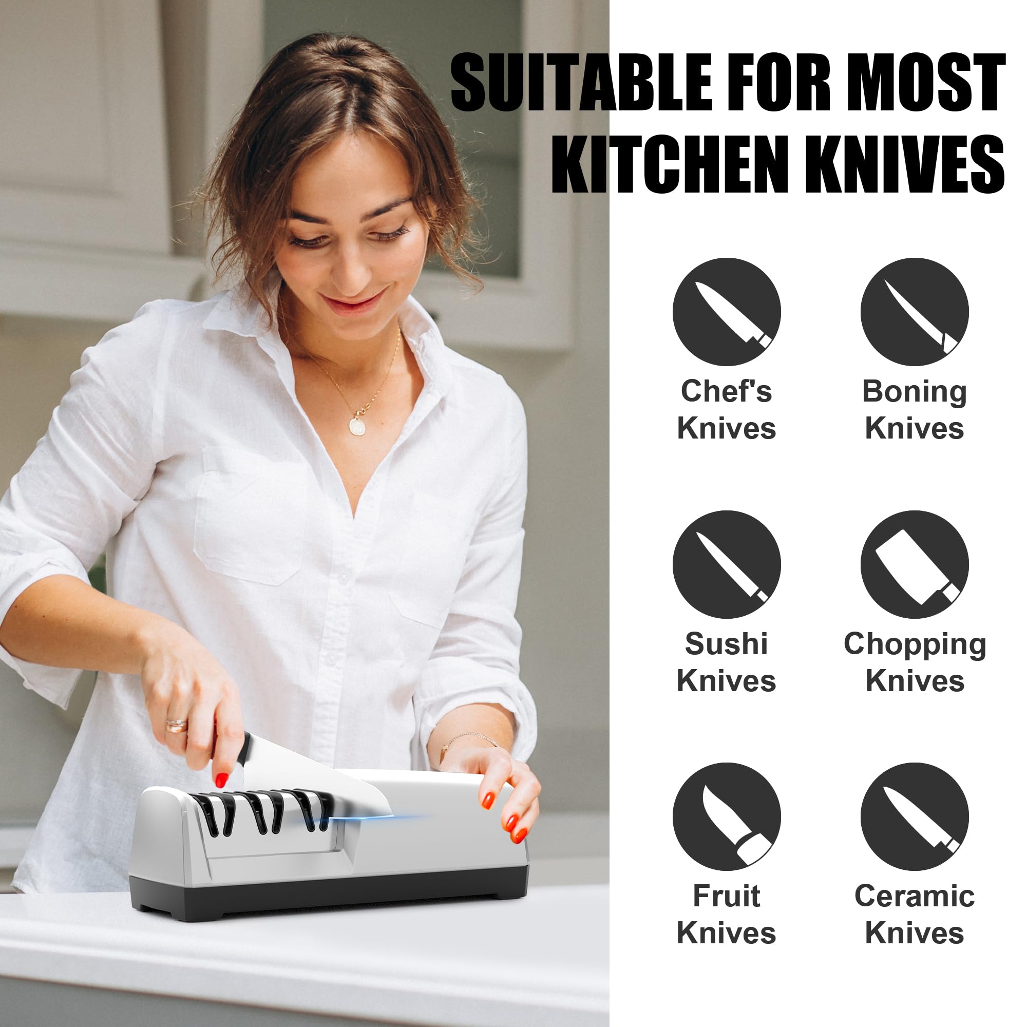 Uso facil de Goodjob para cuchillos metalicos y ceramicos en la cocina.