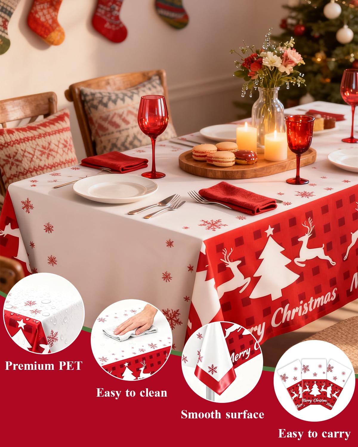Diseño festivo rojo y blanco con renos añade atmósfera navideña a reuniones.
