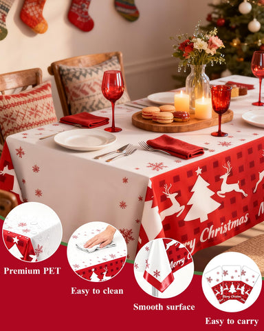 Diseño festivo rojo y blanco con renos añade atmósfera navideña a reuniones.