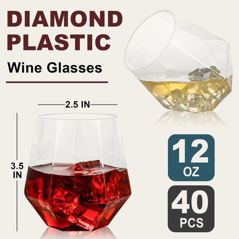 Vaso Goodluck plástico diamante 12oz para cócteles, ideal para eventos.