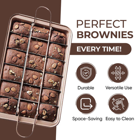 Good Dee's pan-brownie ahorra tiempo al obtener 18 porciones pre-cortadas.