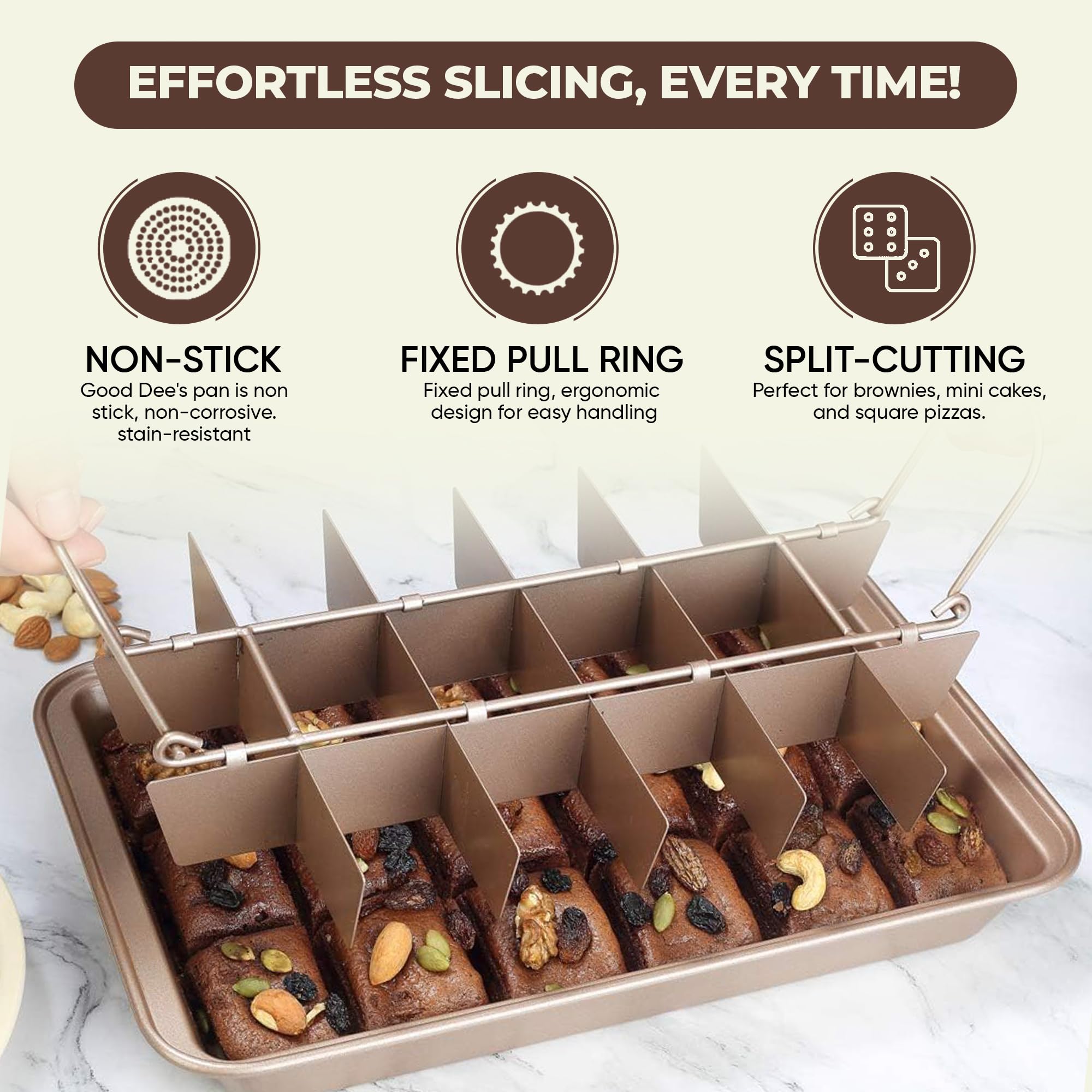 Good Dee's pan-brownie divisor levantable para separar porciones tras hornear.
