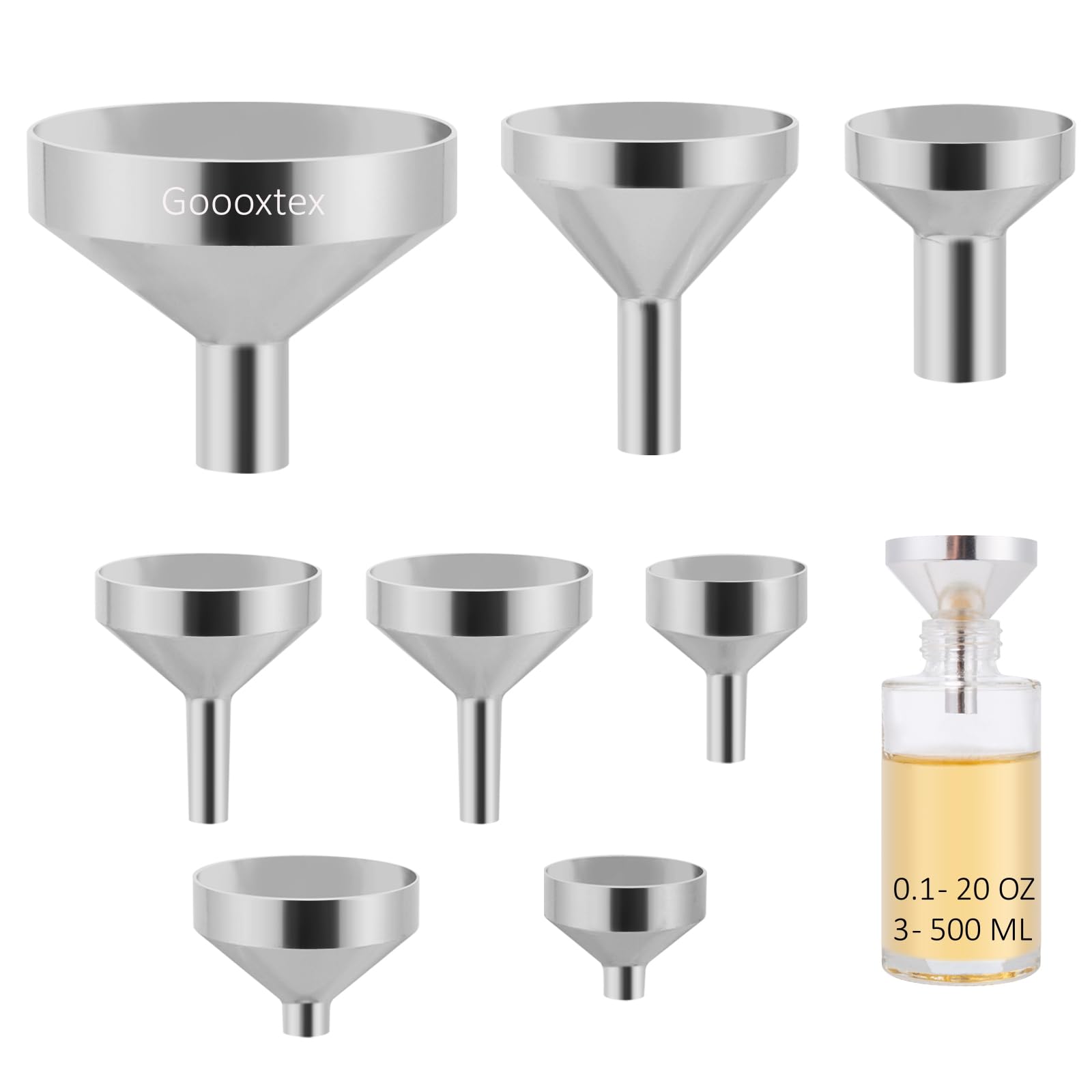 Goooxtex embudos metalicos mini conjunto de 8 tamaños para rellenar frascos con precisión.