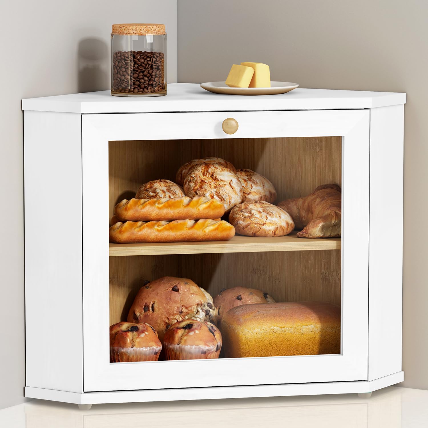 Goozii caja de pan frontal blanca mostrando diseño y ahorro de espacio