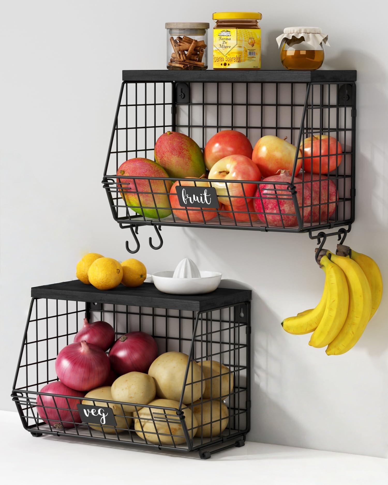 Goozii canastas de malla negras para pared, ordena frutas y verduras con estilo.