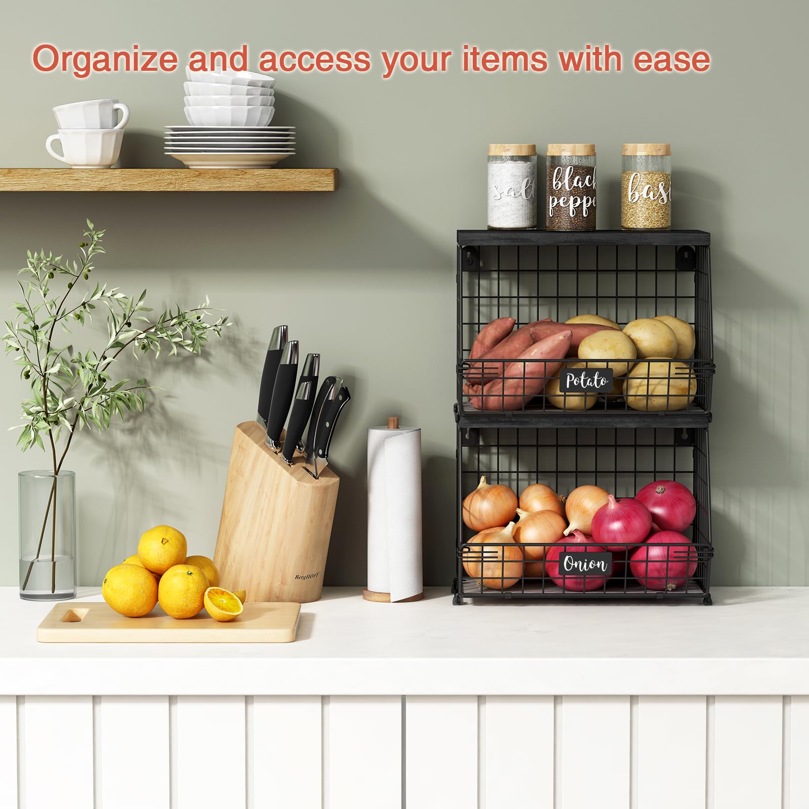 Goozii organizador de cocina de malla negra apilable para ahorro de espacio.