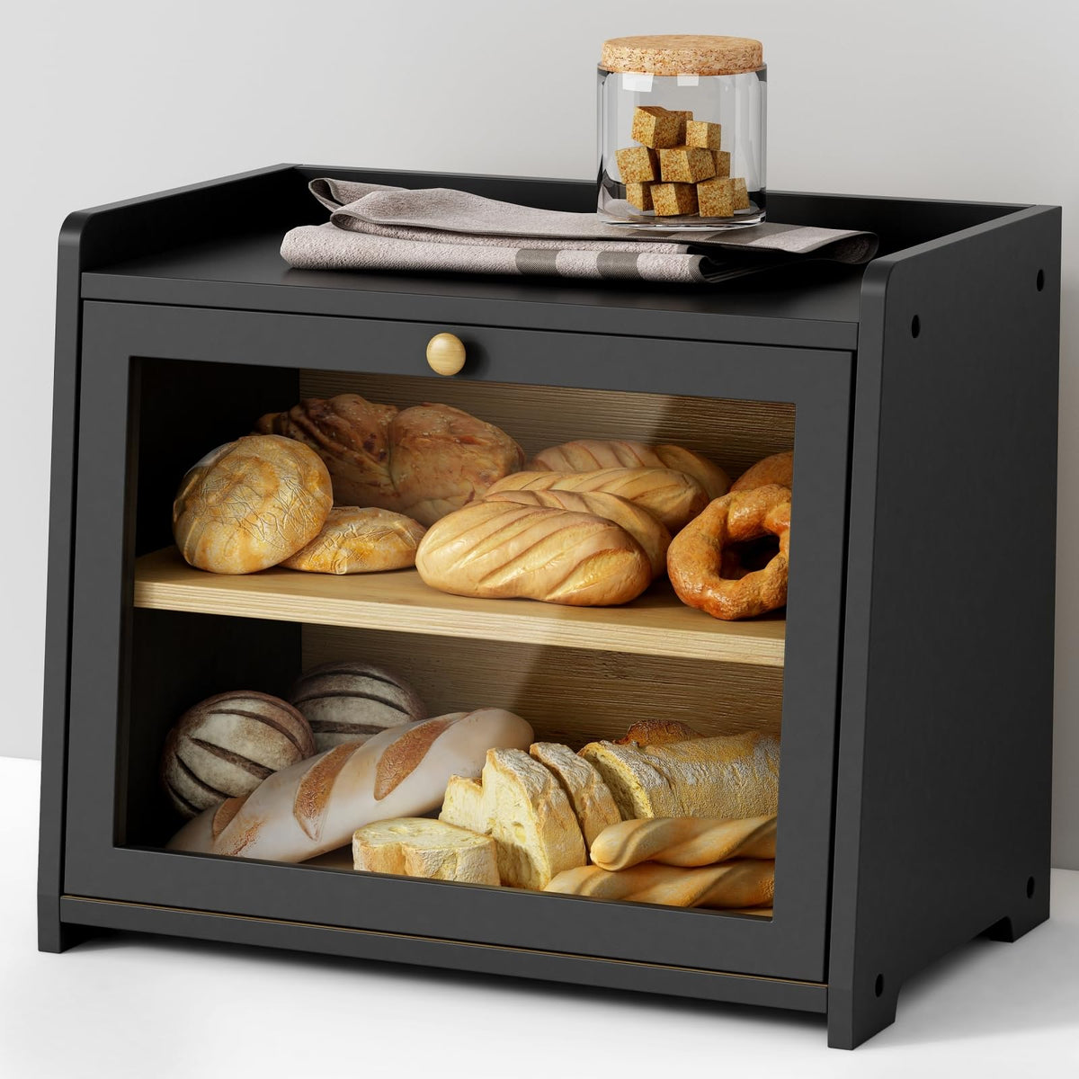 Goozii caja pan negra frente: conserva frescura del pan casero.