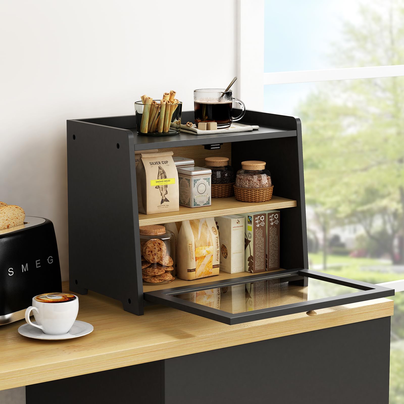 Goozii caja pan negra puerta vidrio acrílico: ves el contenido sin abrir.