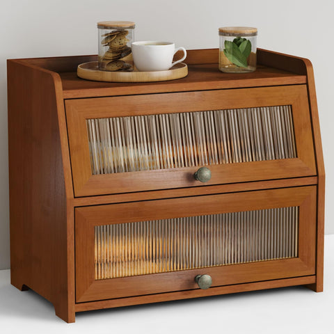 goozzi caja pan madera oscura, vista frontal que facilita el acceso al pan.