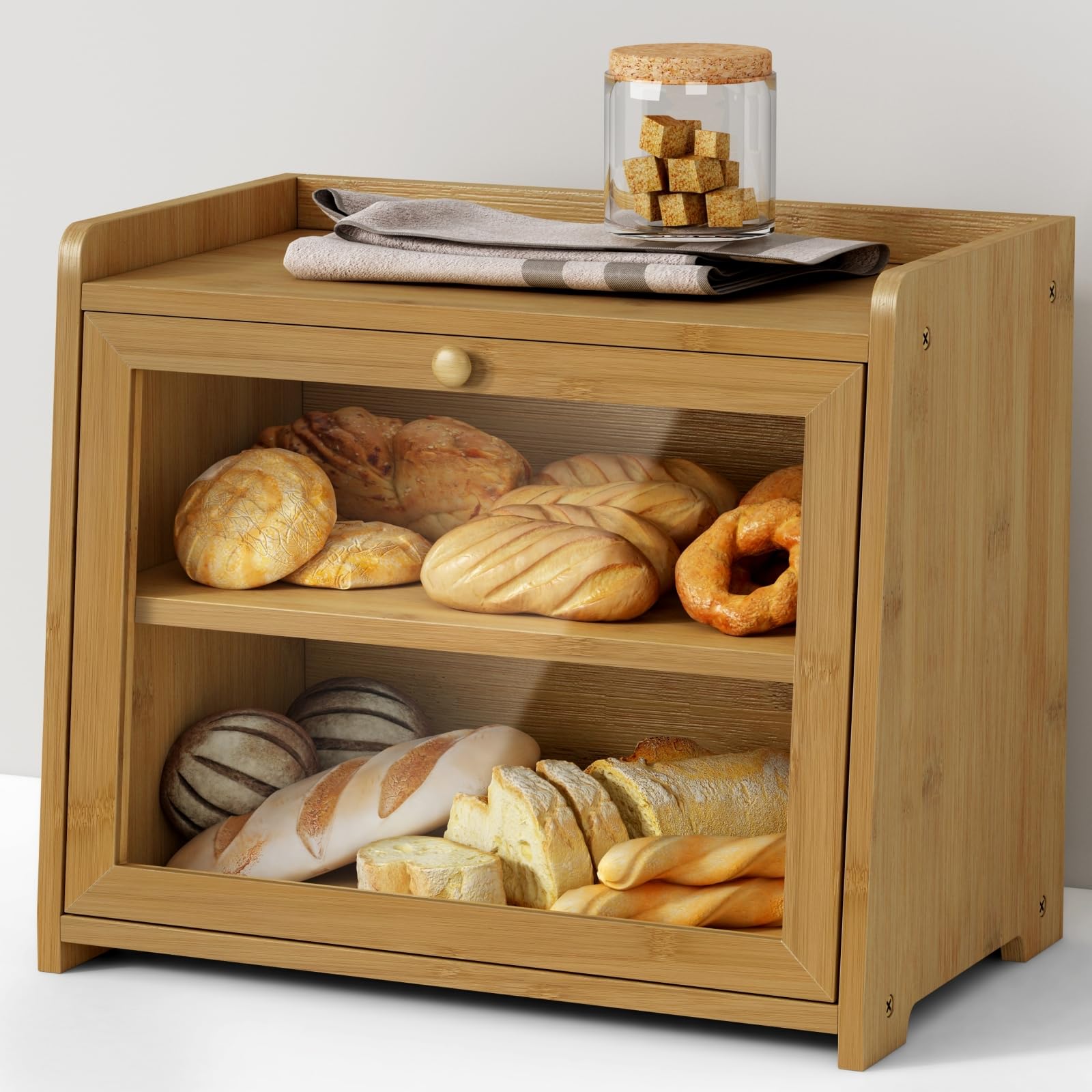 Goozii panera de bambú con tapa acrílica para ver contenido y conservar pan fresco.