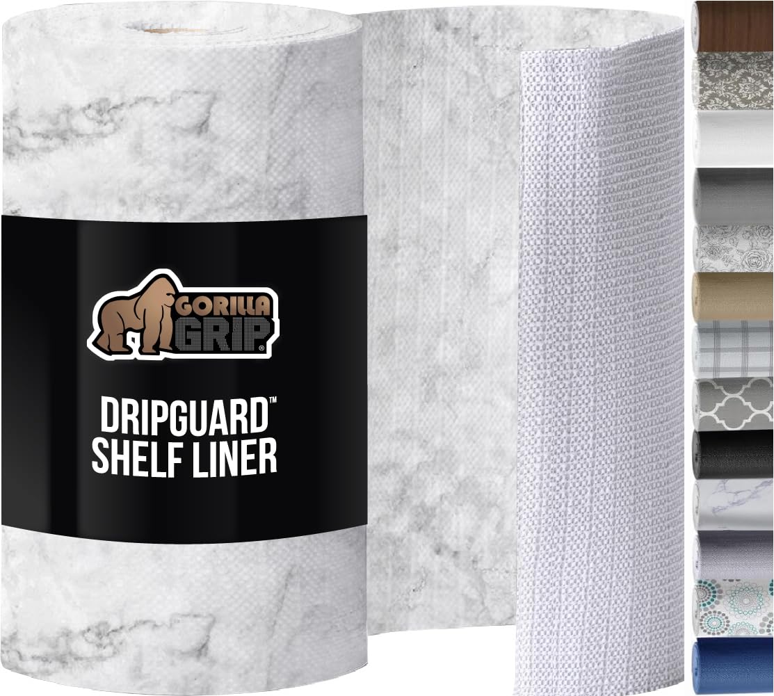 GORILLA GRIP DripGuard, revestimiento marble en estante protegiendo de derrames
