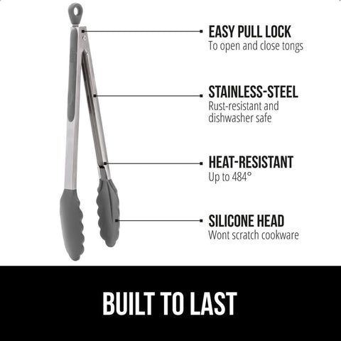 GORILLA GRIP pinzas de cocina 9 pulgadas, agarre robusto para porciones grandes.