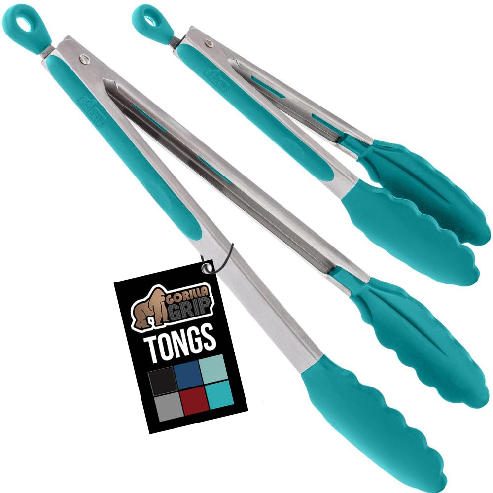GORILLA GRIP pinzas de cocina acero inoxidable 7-9 pulgadas turquesa, agarre firme para carnes y verduras.