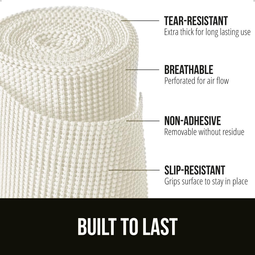 gorilla grip powergrip, vista de estante con forro protector, reduce suciedad y arañazos.
