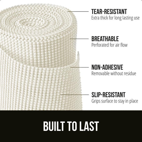 gorilla grip powergrip, vista de estante con forro protector, reduce suciedad y arañazos.